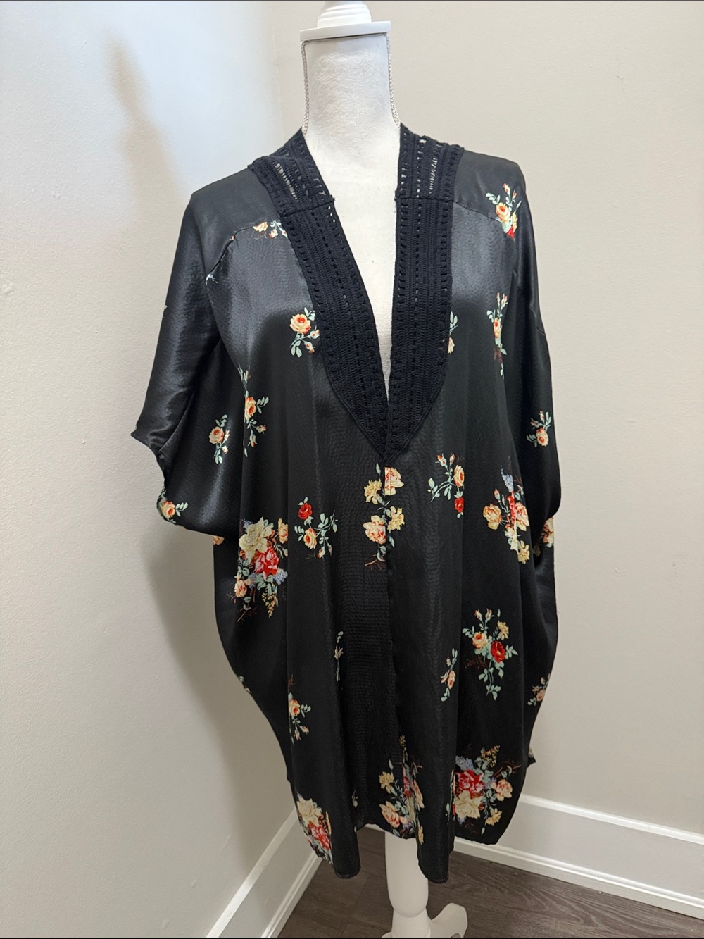 Black Floral Satin Robe with Crochet Trim
